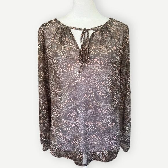 Ann Taylor LOFT Sheer Long Sleeve Brown & Pink Floral Airy Blouse Top. Small. - Picture 1 of 7